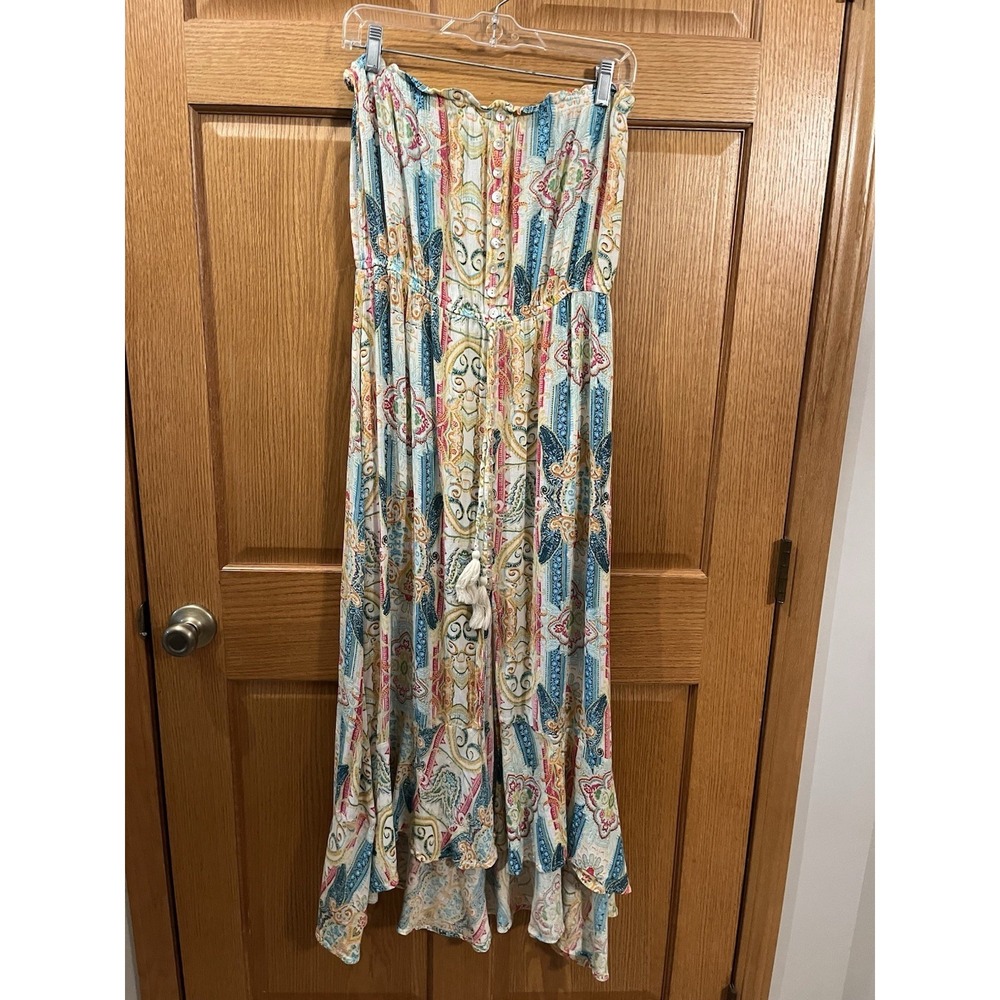 Elan Blue Paisley Strapless Printed Maxi Dress Women's Size Large Boho Vacation